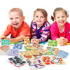 Three children smiling while holding and interacting with a colorful 30-piece animal foam puzzle set for kids