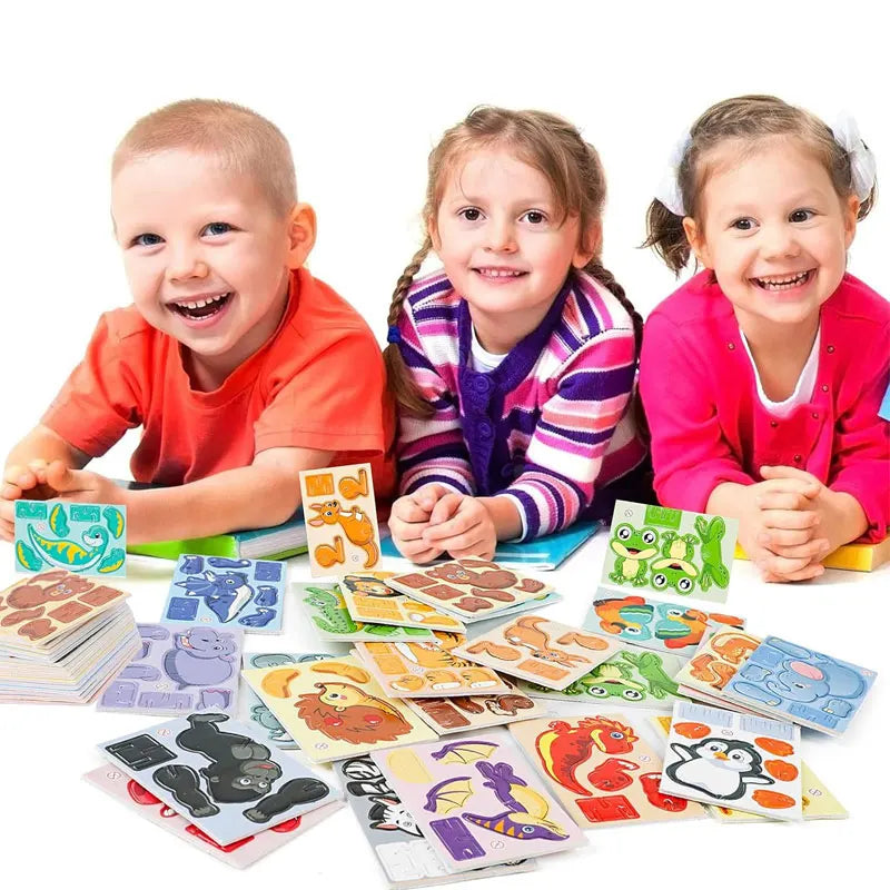 Three children smiling while holding and interacting with a colorful 30-piece animal foam puzzle set for kids