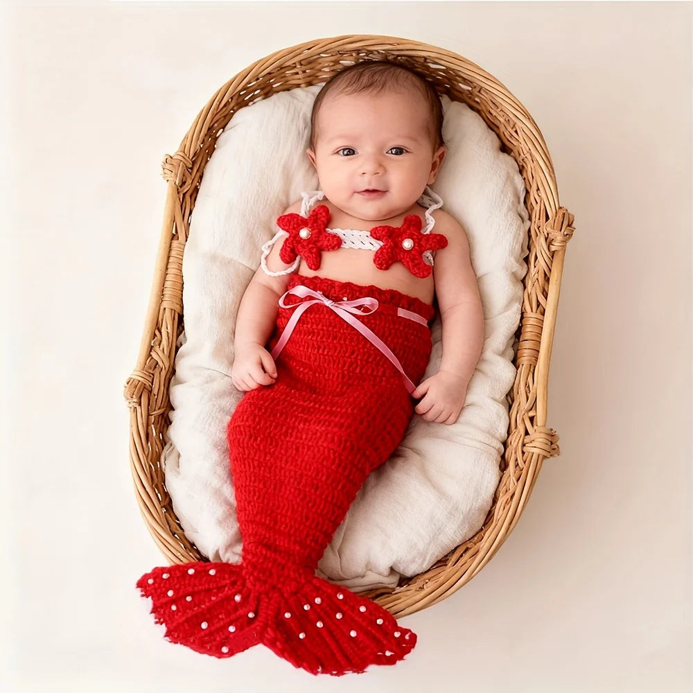 A newborn baby wearing a red knit mermaid tail skirt and pearl headband, resting in a wicker basket lined with fluffy white m