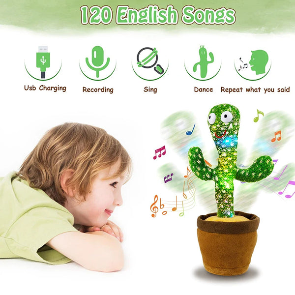 A child is interacting with a talking plush cactus dancer toy, demonstrating various functions like USB charging and recordin