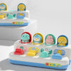 A white and blue peekaboo pop-up animal toy featuring various colorful animals like a lion, bear, and bird for cause and effe