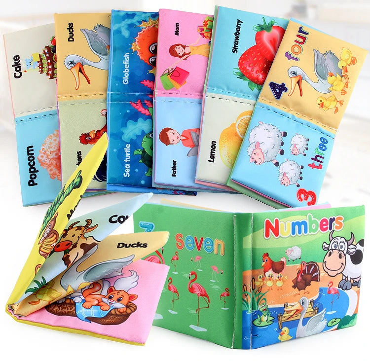 A set of soft cloth books featuring various animals and numbers for babies