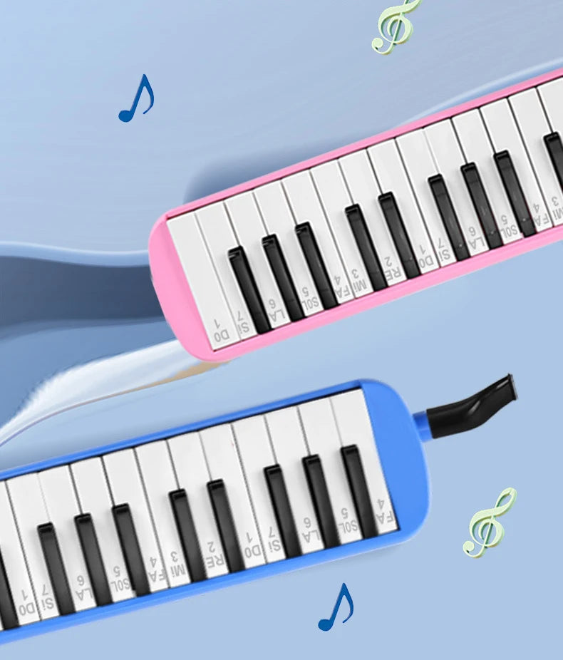 A pink 32-key portable melodica is shown alongside a blue 16-key instrument, with musical notes floating in the background.