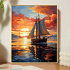 A vibrant oil painting depicting a sailboat silhouetted against a sunset over calm water.