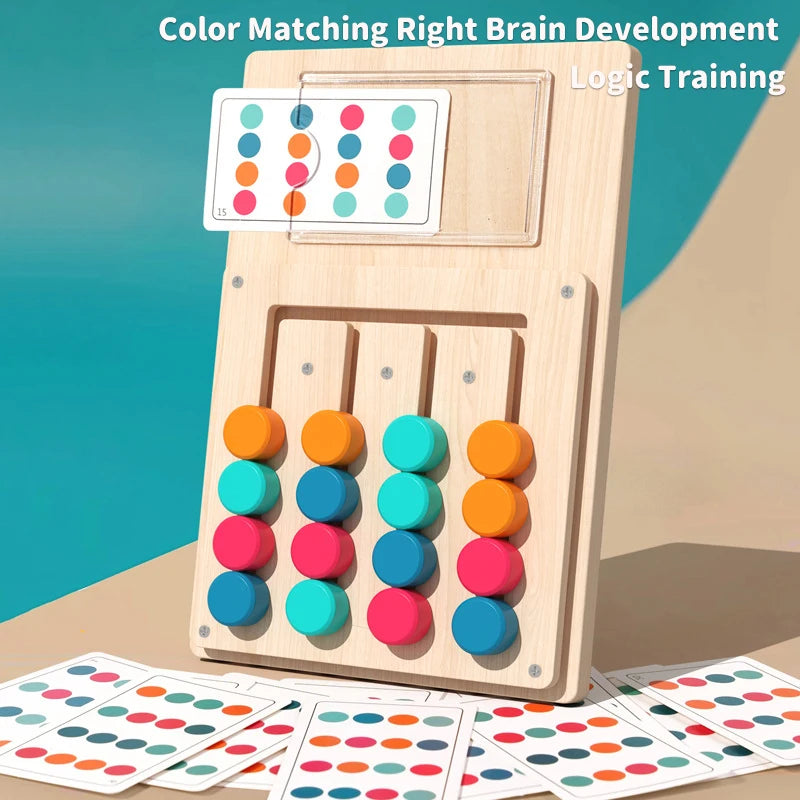A wooden color matching puzzle game with colored discs and cards is displayed on a surface.