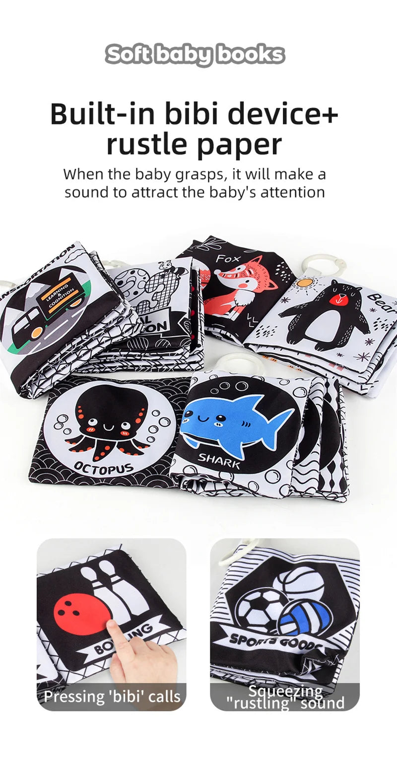Soft baby books featuring animals like octopus and shark designed to make rustling sounds for babies