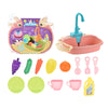 A set of pink and green kids electric play dishes and utensils for a water cycle activity.