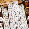 A set of coffee and bakery themed masking tape featuring various food items and drinks.