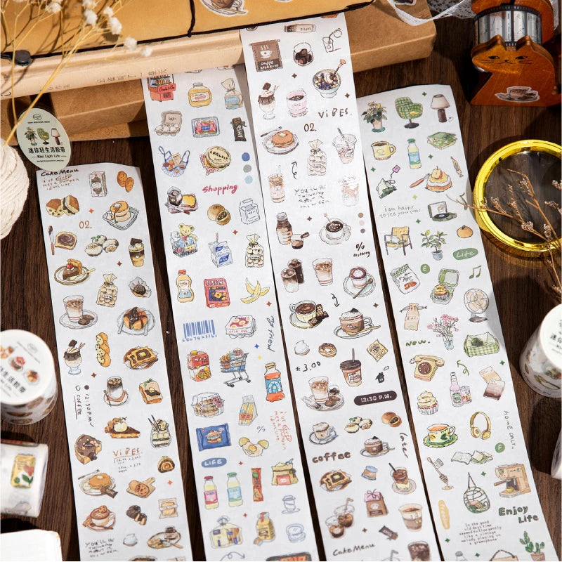 A set of coffee and bakery themed masking tape featuring various food items and drinks.