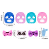 A set of pink and blue silicone facial masks for dolls, including a cat face mask and a blue medical accessory.