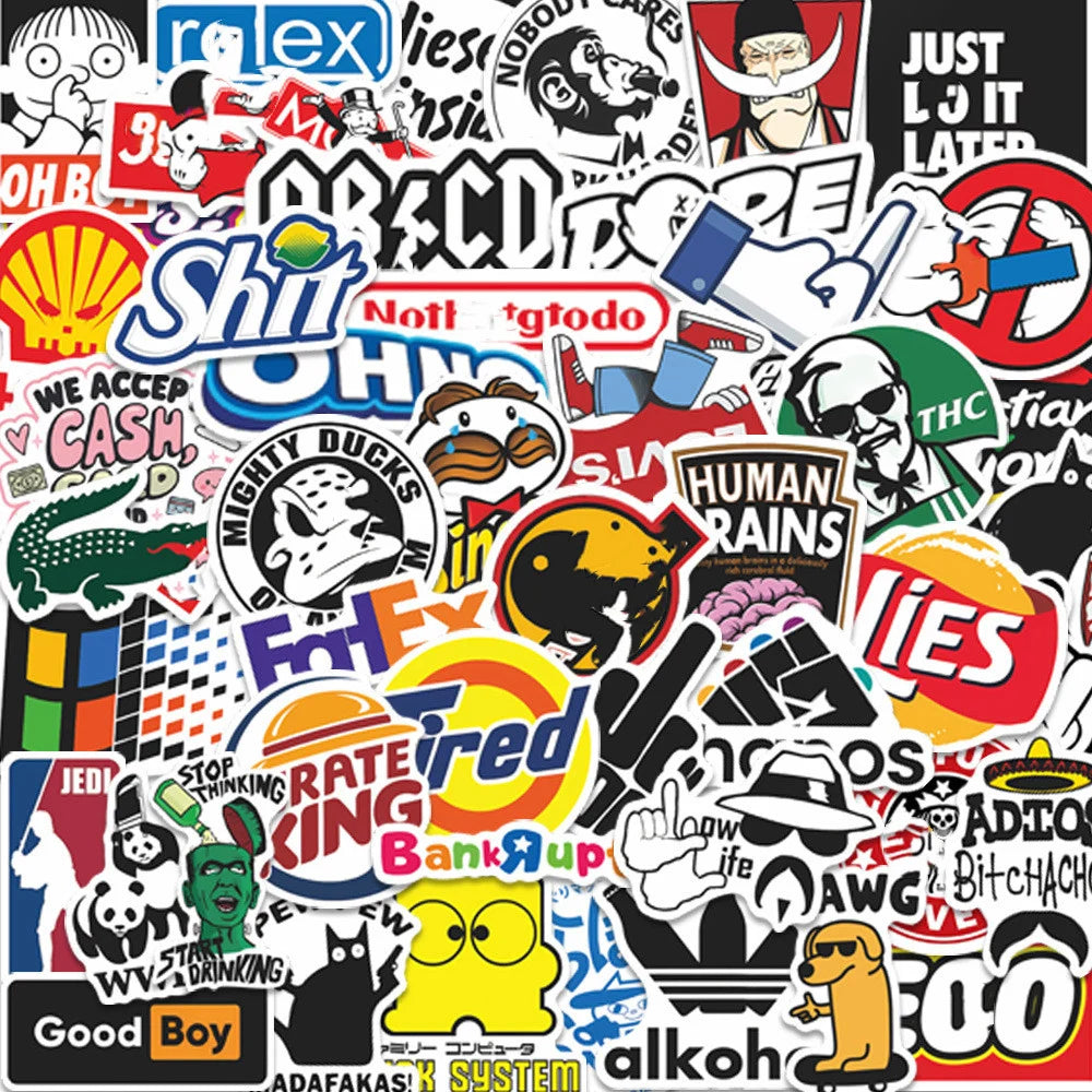 A collage of various funny meme stickers and text graphics on a black background.