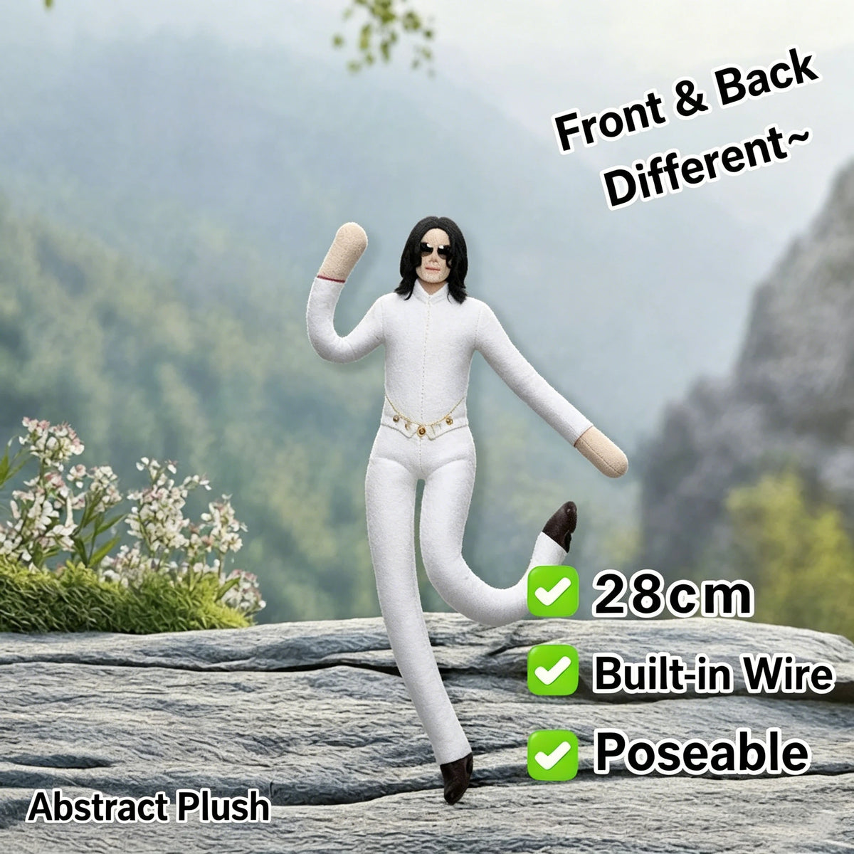 Figure en peluche blanche sur une roche, montrant les différences avant/arrière avec fil intégré et possibilité de pose