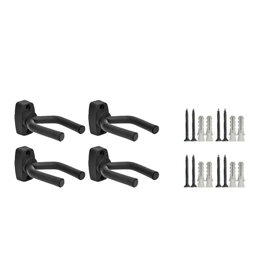 Wall-mounted guitar holder with non-slip cradle featuring multiple metal and plastic guitar parts.