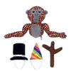 A plush toy of a monkey with brown and black fur and large eyes.