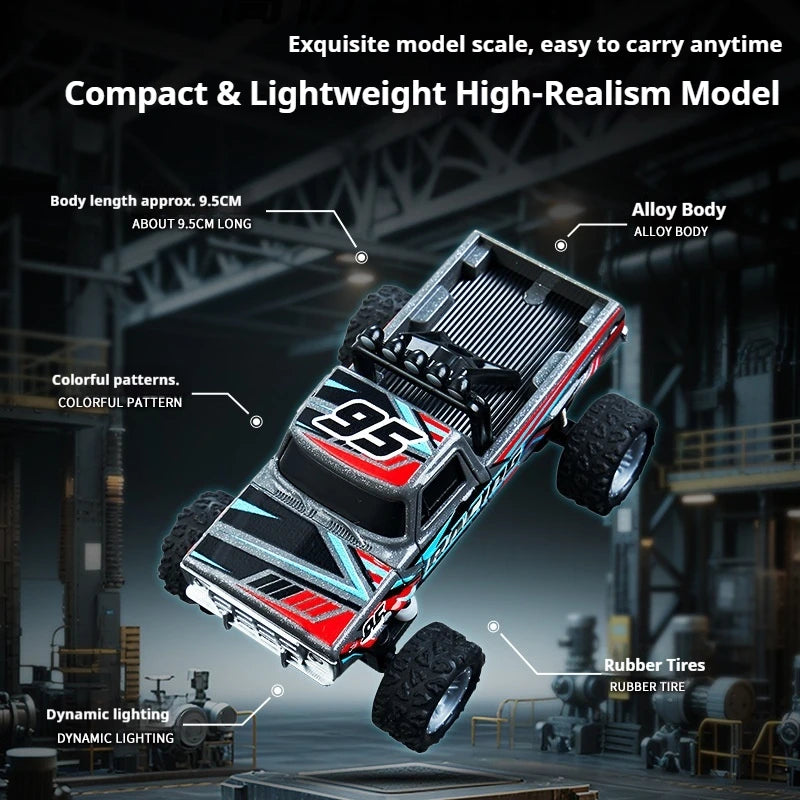 A compact and lightweight high-realism model of an alloy monster truck with colorful patterns, dynamic lighting, and rubber t