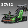 A green and black 1:24 Lamborghini Essenza SCV12 diecast model car with racing features.