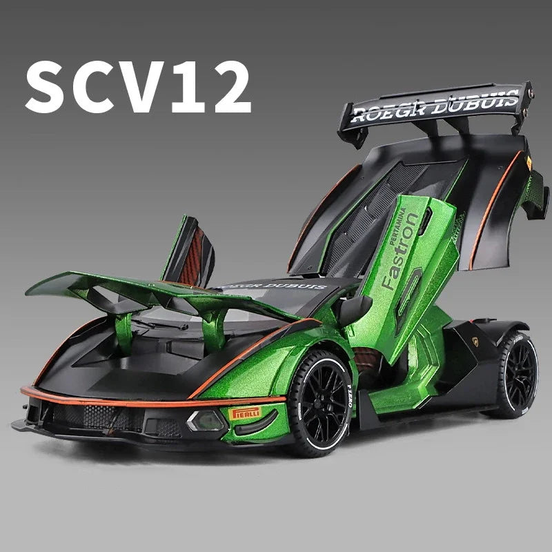 A green and black 1:24 Lamborghini Essenza SCV12 diecast model car with racing features.