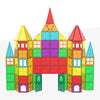 A colorful magnetic building blocks set shaped like a castle, featuring red, yellow, green, and purple pieces.