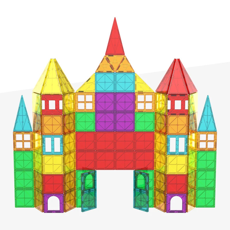 A colorful magnetic building blocks set shaped like a castle, featuring red, yellow, green, and purple pieces.