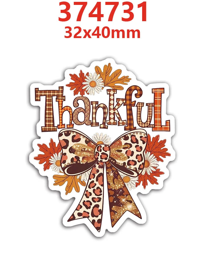 A die-cut sticker featuring the word Thankful in an autumn floral design with leopard print accents.