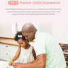 A father and daughter are interacting with an intelligent learning pen and flashcard set on a table.