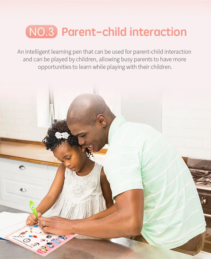 A father and daughter are interacting with an intelligent learning pen and flashcard set on a table.