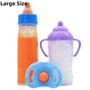 A large feeding bottle set featuring an orange bottle and a purple bottle with a blue pacifier toy.
