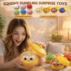 A woman holds a yellow squishy dumpling surprise toy with a smiling face, surrounded by various colored versions.