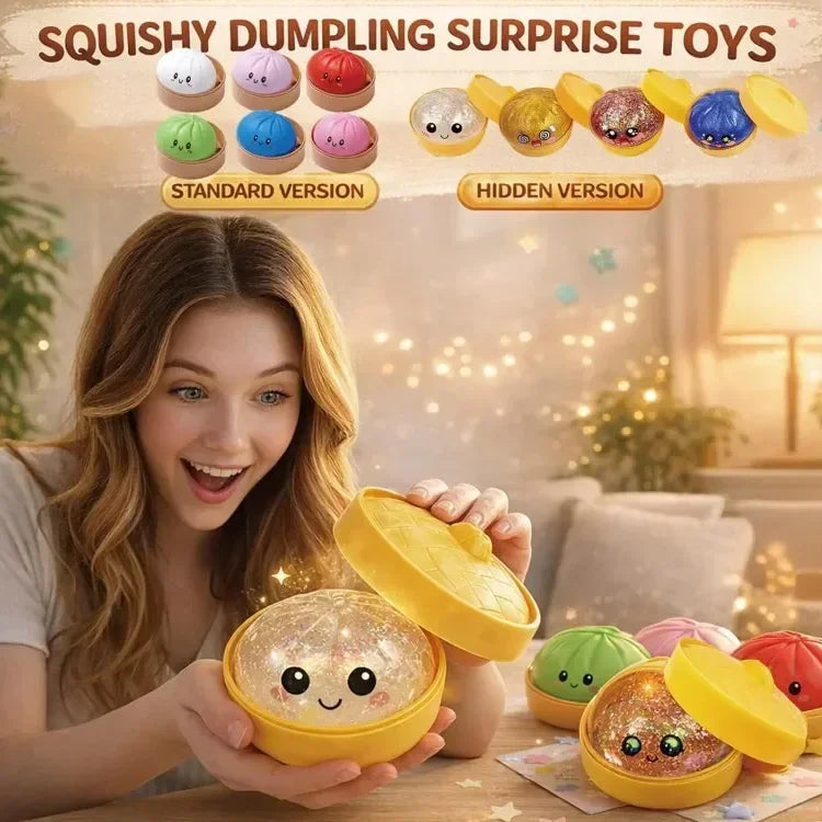 A woman holds a yellow squishy dumpling surprise toy with a smiling face, surrounded by various colored versions.