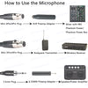 Diagram showing various microphone setups including XLR preamp adapter, Bodypack transmitter, and 3.5mm plug for acoustic ins