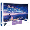 A box for a 1000-piece jigsaw puzzle depicting a train flying through a starry night sky over a landscape.