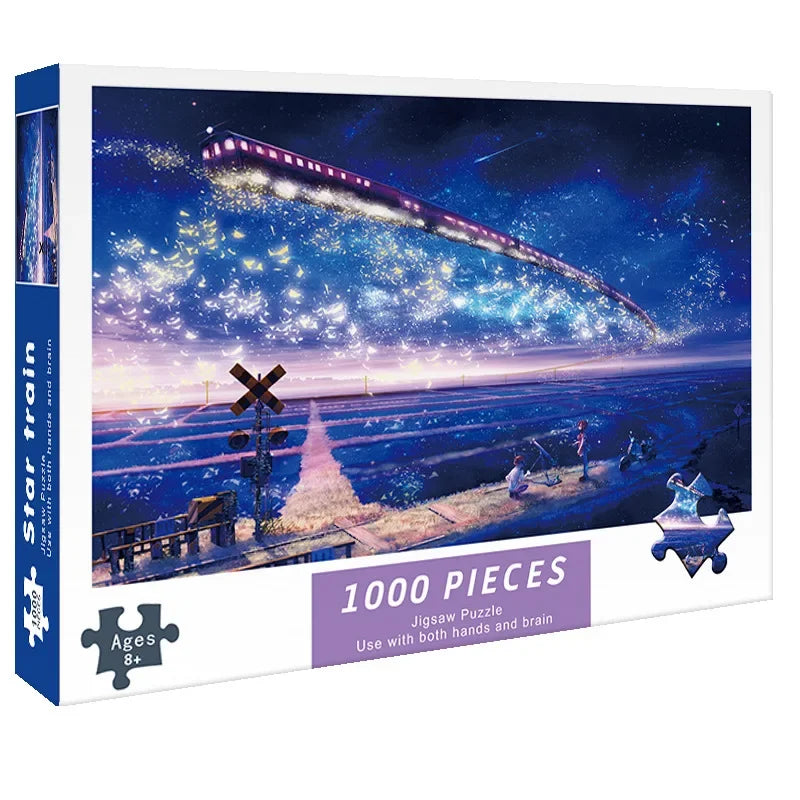 A box for a 1000-piece jigsaw puzzle depicting a train flying through a starry night sky over a landscape.