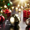 A golden metal fidget spinner resting on a dark surface surrounded by festive holiday decorations and wrapped gifts.