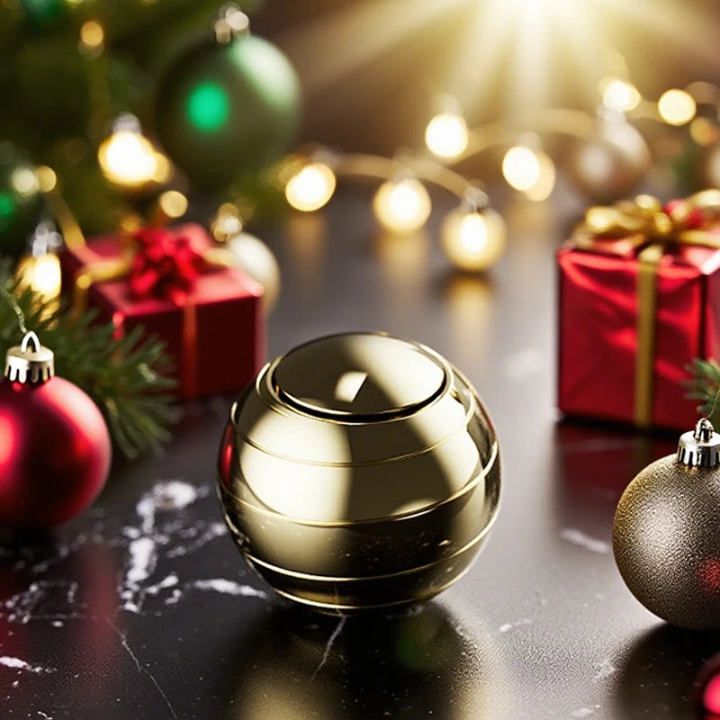 A golden metal fidget spinner resting on a dark surface surrounded by festive holiday decorations and wrapped gifts.