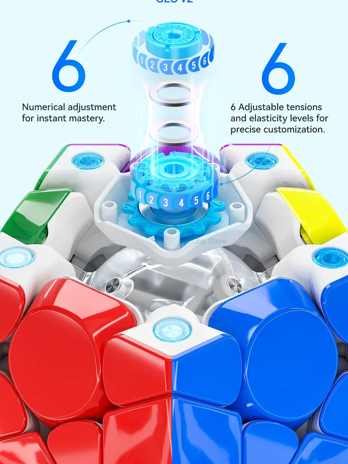 A close-up view of a GAN Megaminx V2 Maglev Magnetic Speed Cube with various colored magnetic pieces and adjustment mechanism