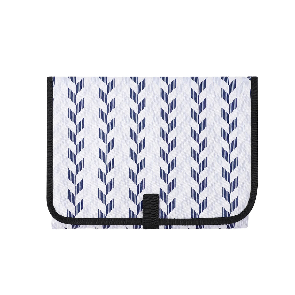 A portable foldable waterproof diaper changing pad with a blue and white chevron pattern.