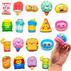 Assorted pack of 12 mini food squishy toys featuring various characters and foods like a strawberry, corn, and avocado.