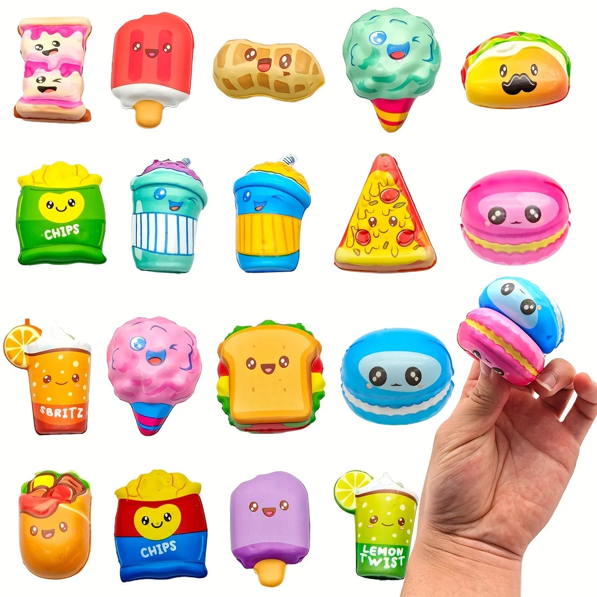 Assorted pack of 12 mini food squishy toys featuring various characters and foods like a strawberry, corn, and avocado.