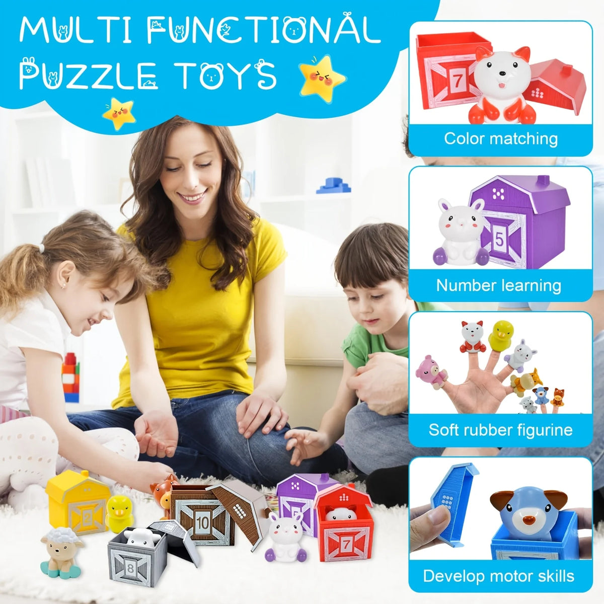 A collection of colorful farm number train toys and soft rubber figurines for toddlers to develop motor skills and learn colo