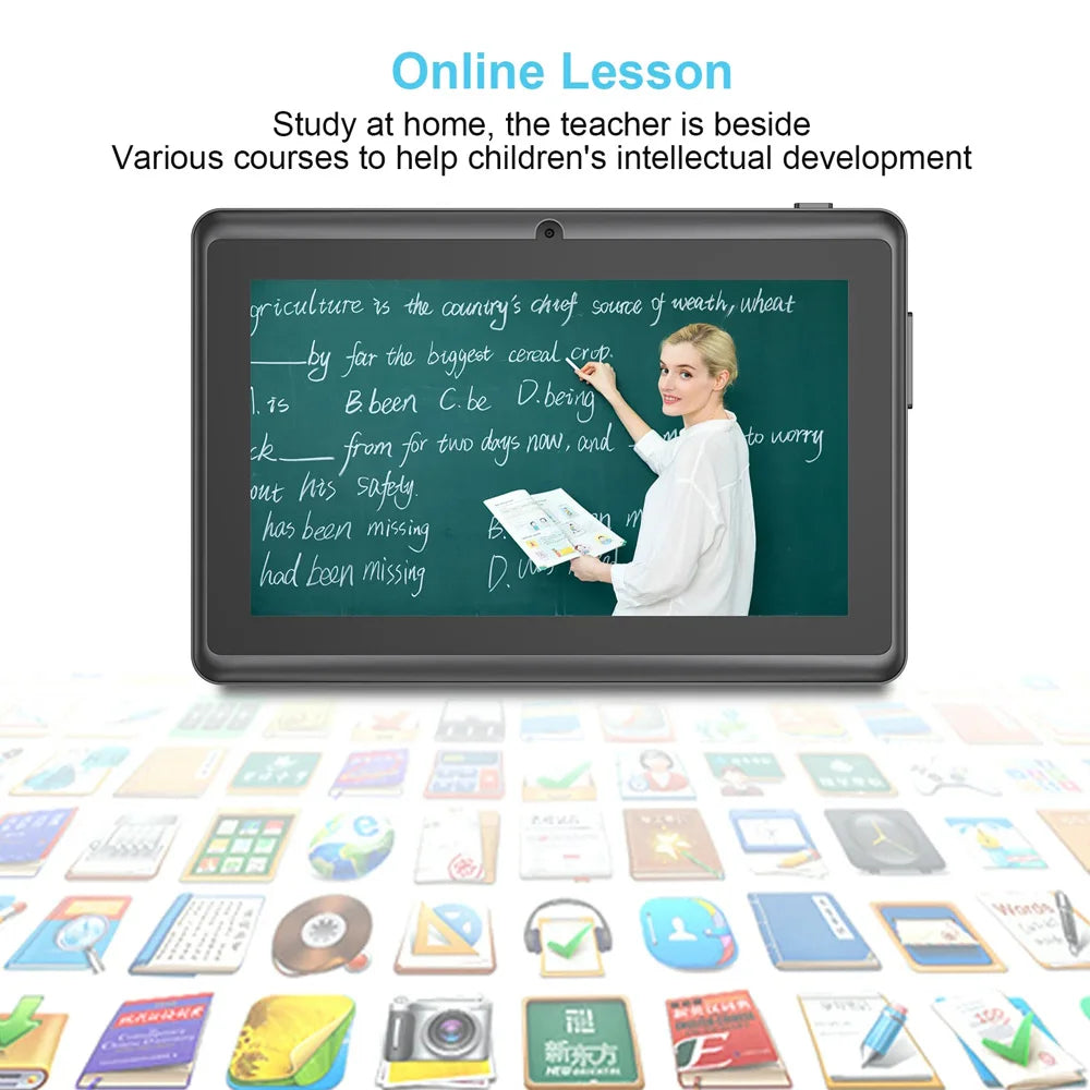 A digital tablet displaying a lesson on the screen, used for online learning.