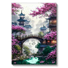 A vibrant diamond painting depicting a traditional Chinese landscape with pink blossoms, pagodas, and a wooden bridge over wa