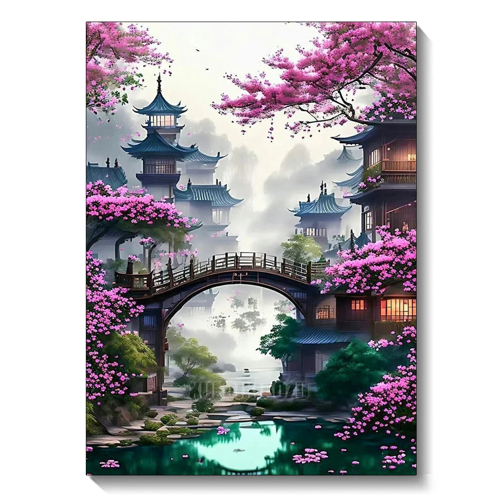 A vibrant diamond painting depicting a traditional Chinese landscape with pink blossoms, pagodas, and a wooden bridge over wa
