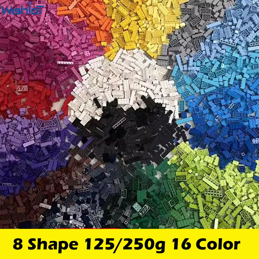 A collection of 16 colored building blocks in various shapes and sizes.