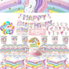 A colorful unicorn party supplies kit featuring pink, purple, and rainbow themed decorations and tableware.