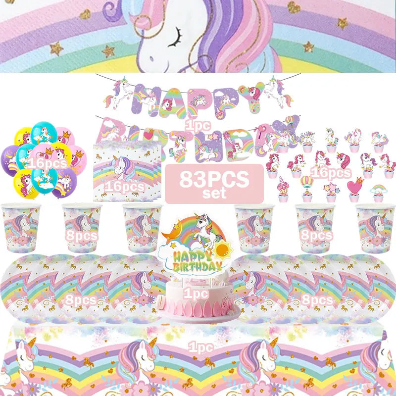 A colorful unicorn party supplies kit featuring pink, purple, and rainbow themed decorations and tableware.
