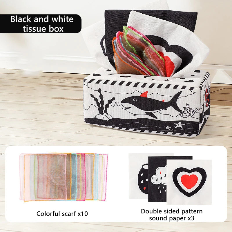 Sensory Tissue Box Toy with Crinkle Paper and Silky Scarves