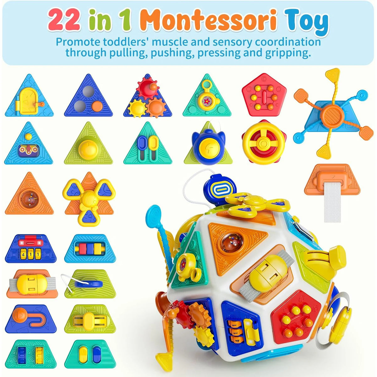 A colorful 22-in-1 Montessori toy featuring various pushing, pulling, pressing, and gripping activities on a cube board.