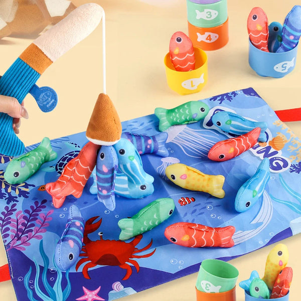 A colorful toddler fishing game featuring plastic fish and sorting cups for early learning.