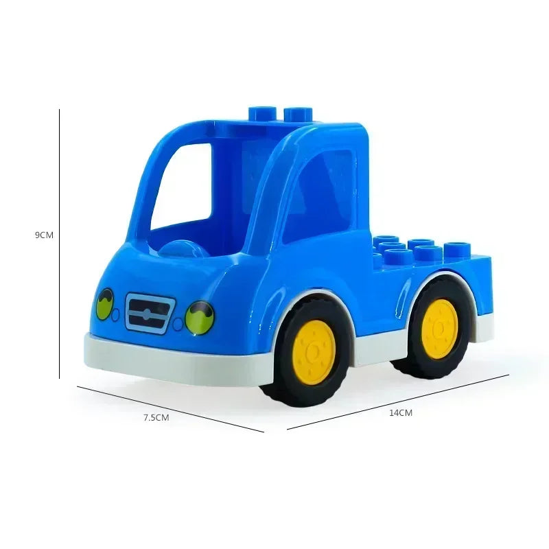 A blue city traffic vehicle building block set featuring trucks and buses.