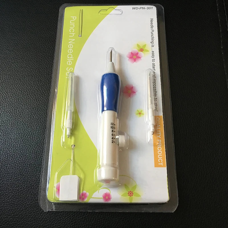A plastic kit for punch needle embroidery with a handle and various needles packaged in a clear plastic sleeve.